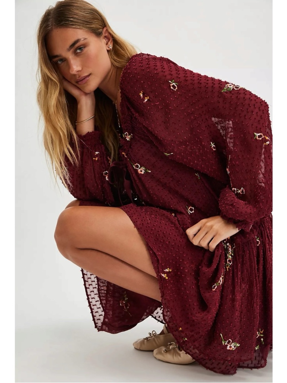 Free People Dainty Ethereal Billowy Garden Glory Mini Dress in Cabernet Large